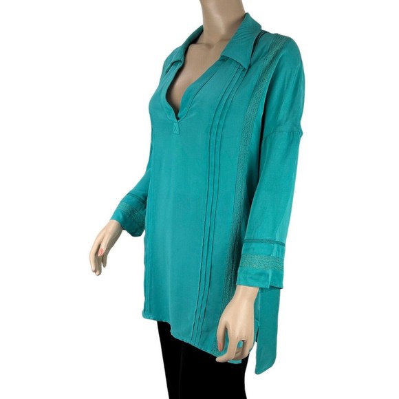 Soft Surroundings Capistrano Pintuck Teal Tunic Top Lace Inset Hi Lo Hem MEDIUM - Picture 4 of 12
